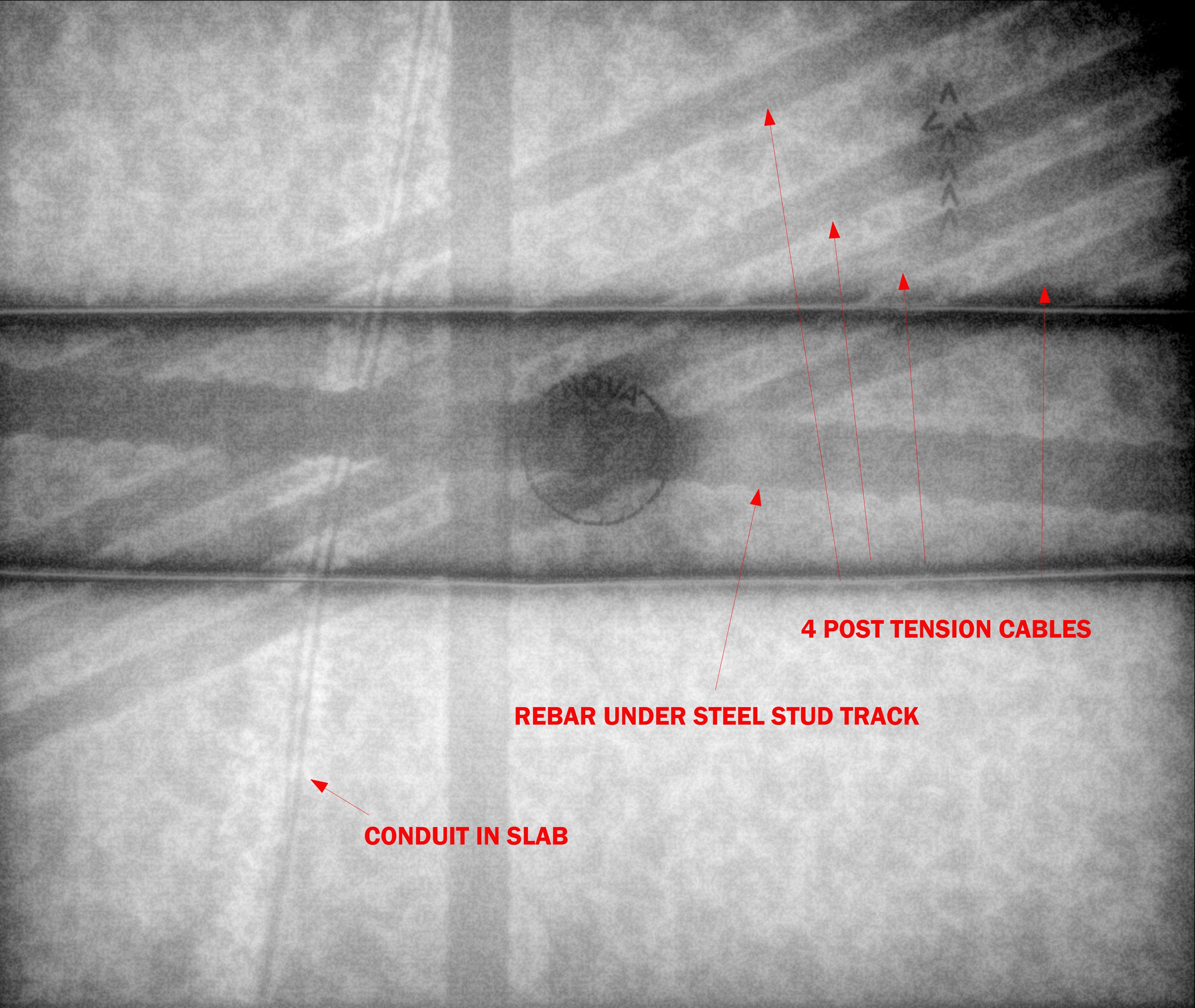 concrete xray with post tension cables and conduit in slab